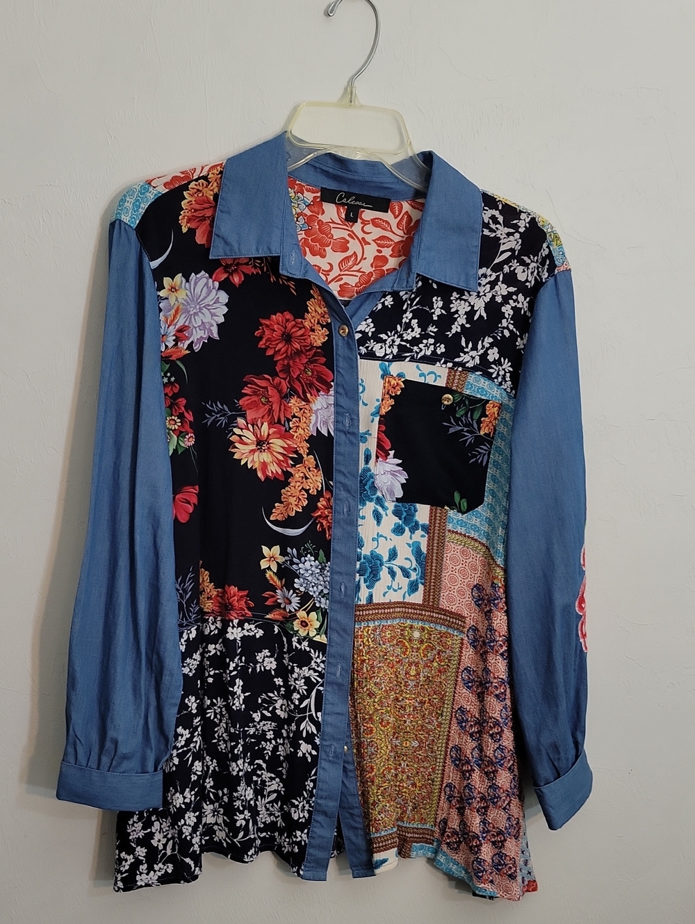 Patchwork Floral Button-Up Blouse in Blue and Black
